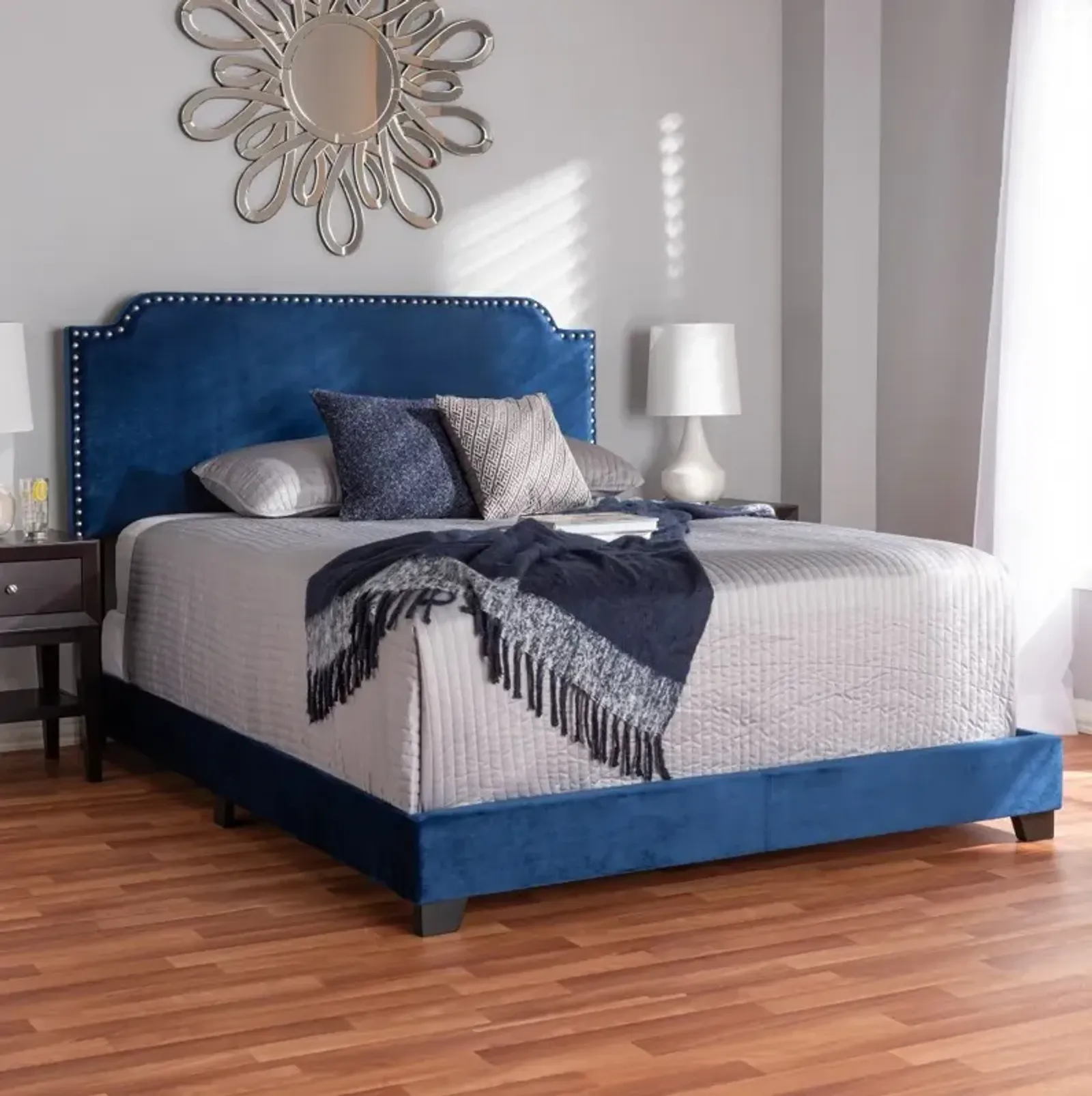 Glam Navy Blue Velvet Upholstered Queen Bed - Eleanora