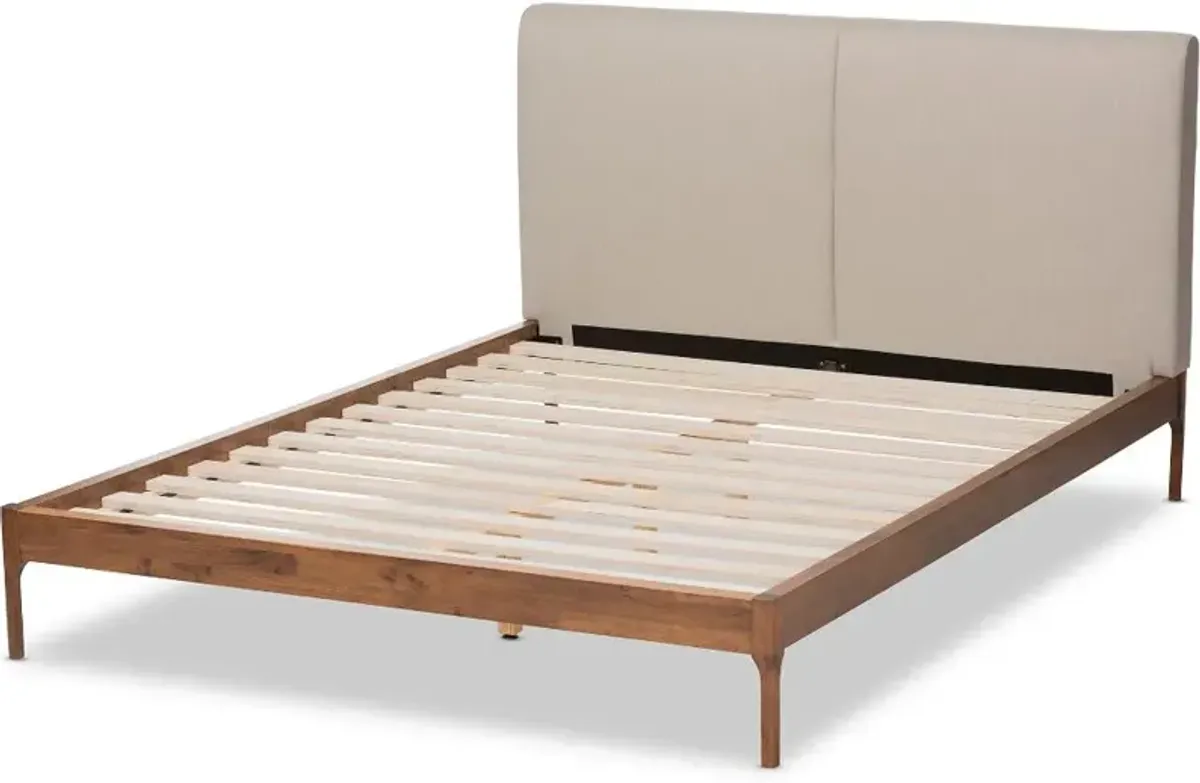 Mid-Century Beige and Walnut Upholstered Platform Full Bed - Anneka