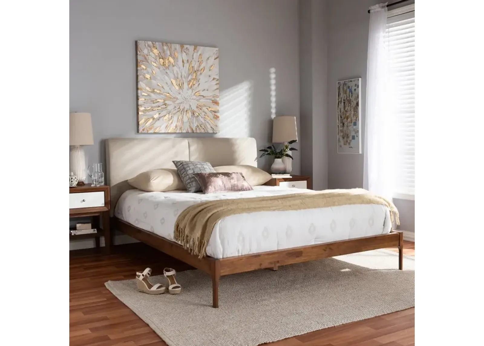 Mid-Century Beige and Walnut Upholstered Platform Full Bed - Anneka