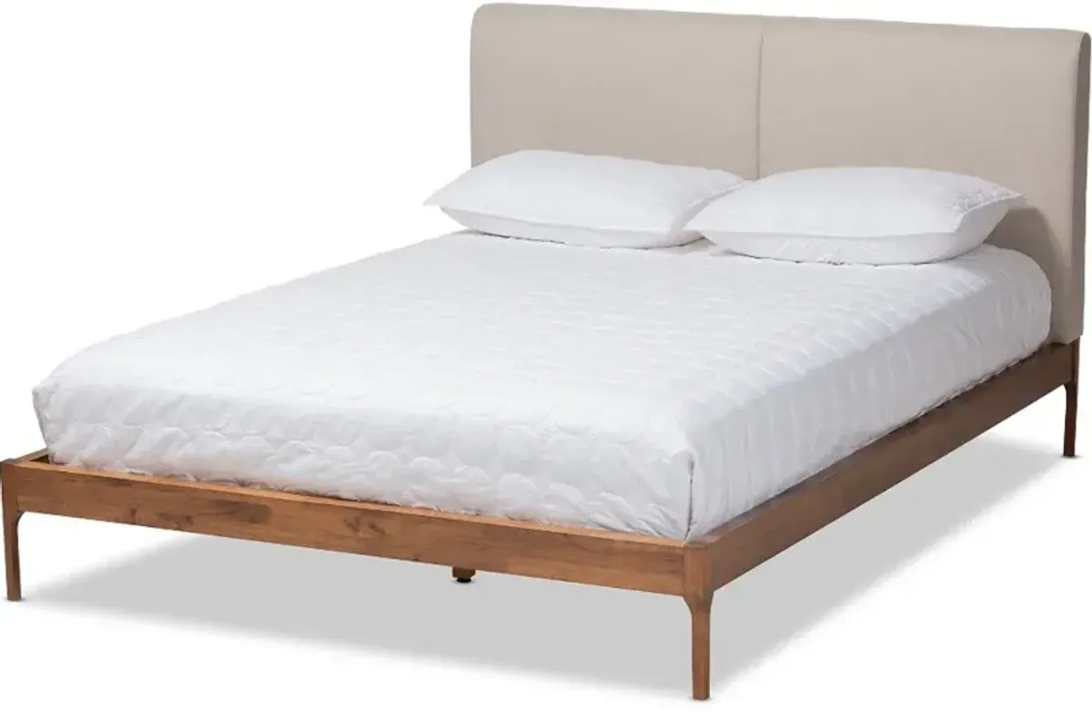 Mid-Century Beige and Walnut Upholstered Platform Queen Bed - Anneka