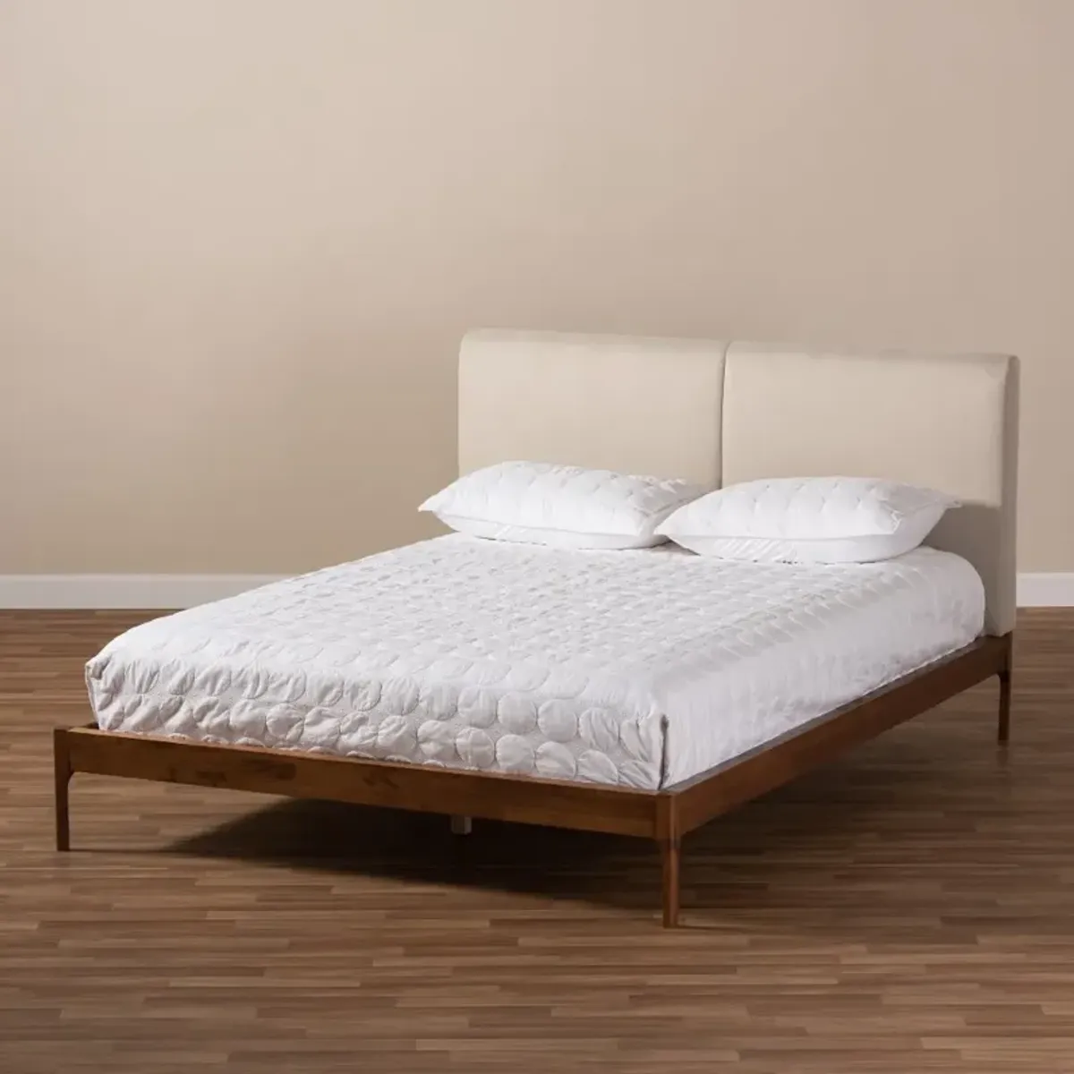 Mid-Century Beige and Walnut Upholstered Platform Queen Bed - Anneka