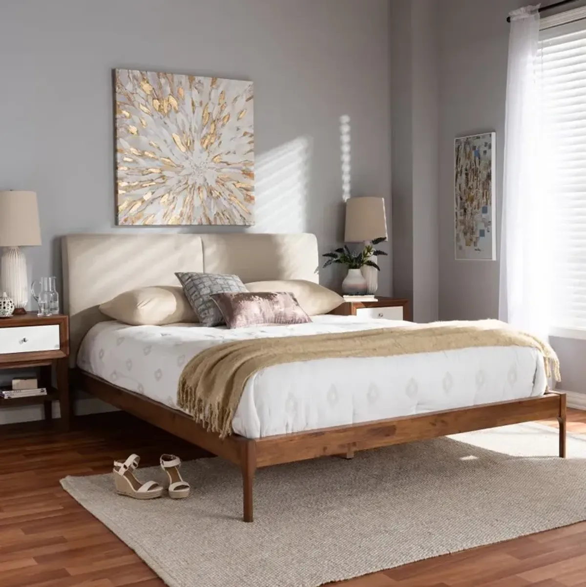 Mid-Century Beige and Walnut Upholstered Platform Queen Bed - Anneka