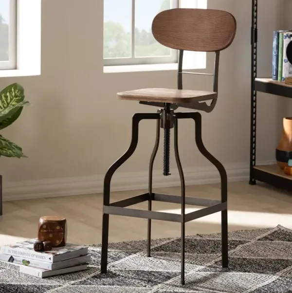 Industrial Wood and Steel Adjustable Bar Stool - Carter