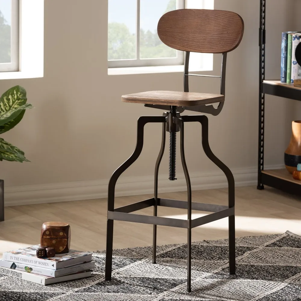 Industrial Wood and Steel Adjustable Bar Stool - Carter