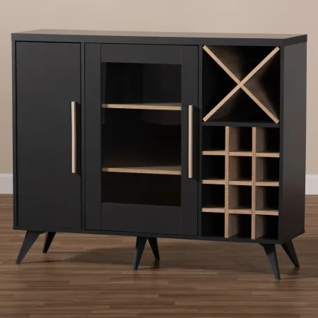 Laurie Mid Century Dark Gray and Oak Wine Cabinet