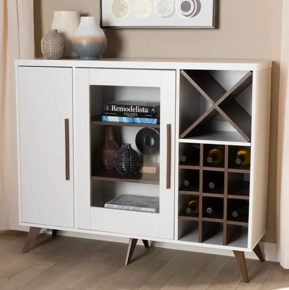 Laurie Mid Century White and Walnut Wine Cabinet