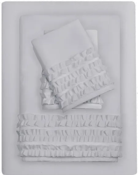 White Twin Flirty Ruffle 4 Piece Sheet Set
