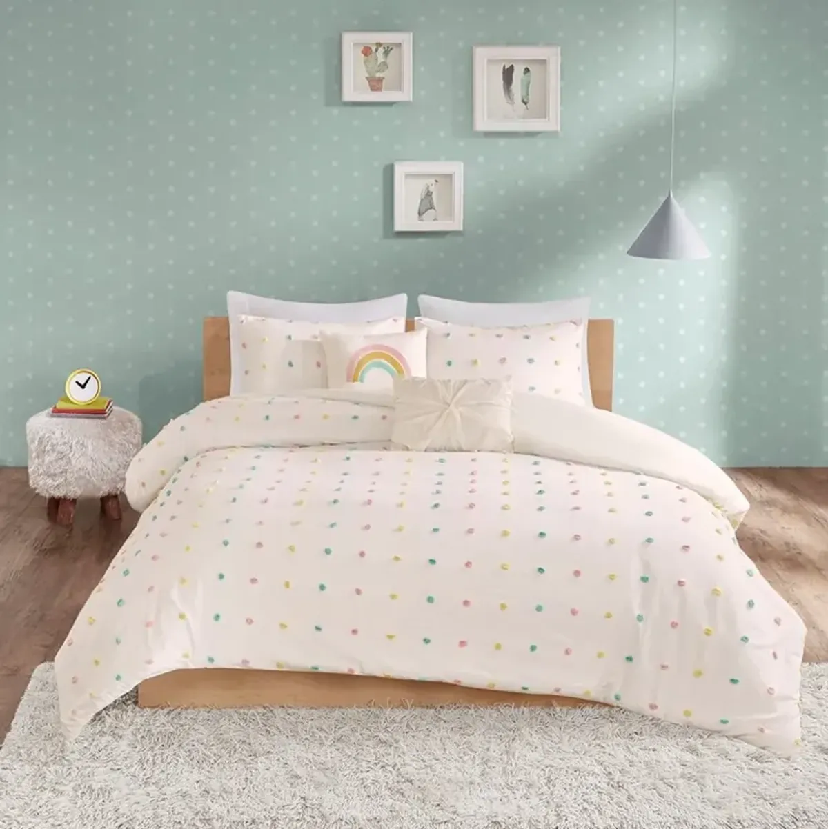 White and Multi Color Pom-Pom Twin Callie 4 Piece Bedding Collection