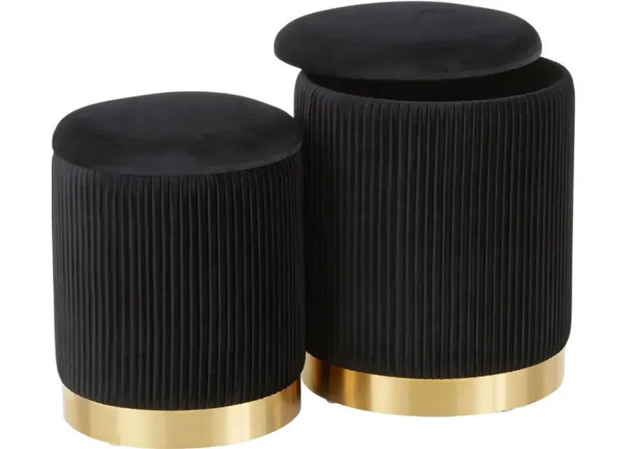 Contemporary Black Velvet and Gold Metal Ottomans (Set of 2) - Marla