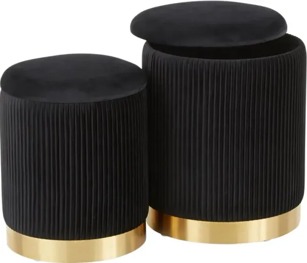 Contemporary Black Velvet and Gold Metal Ottomans (Set of 2) - Marla