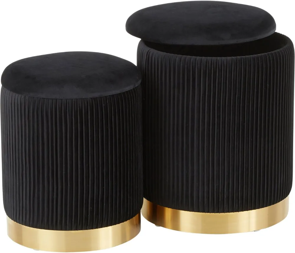 Contemporary Black Velvet and Gold Metal Ottomans (Set of 2) - Marla