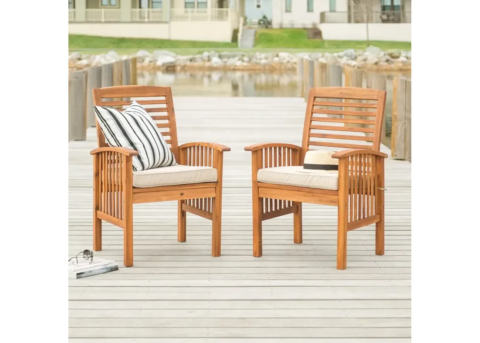 Acacia Wood Outdoor Patio Chairs with Cushions, set of 2 - Walker...