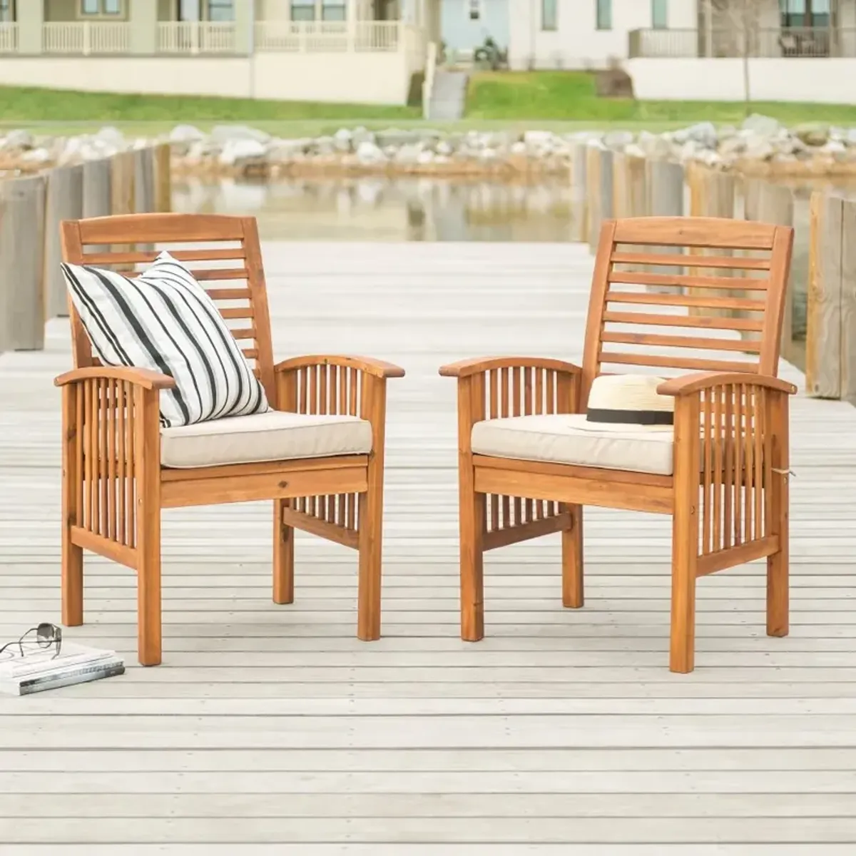 Acacia Wood Outdoor Patio Chairs with Cushions, set of 2 - Walker...