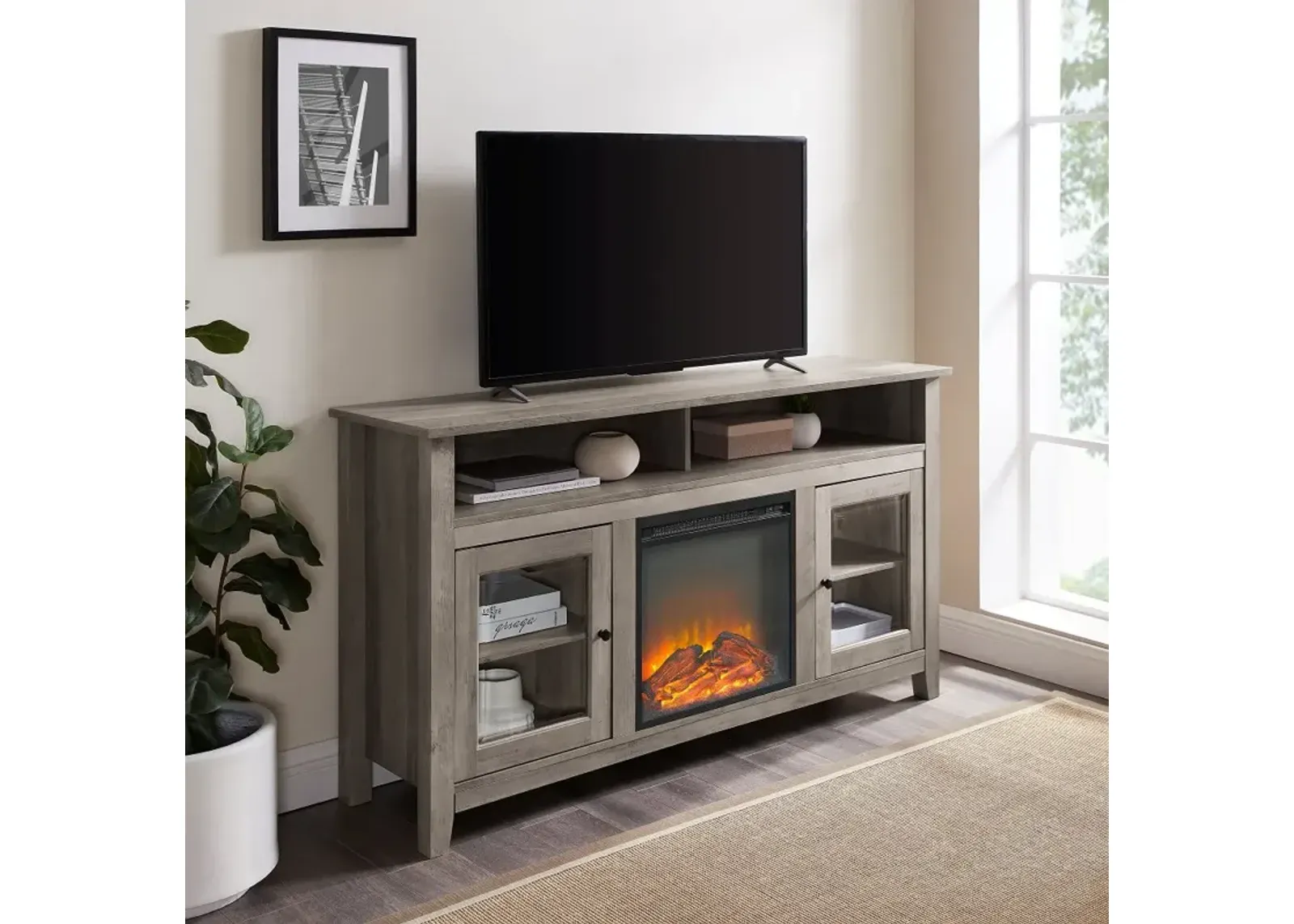 Transitional Fireplace Glass Wood 58 Inch TV Stand - Walker Edison