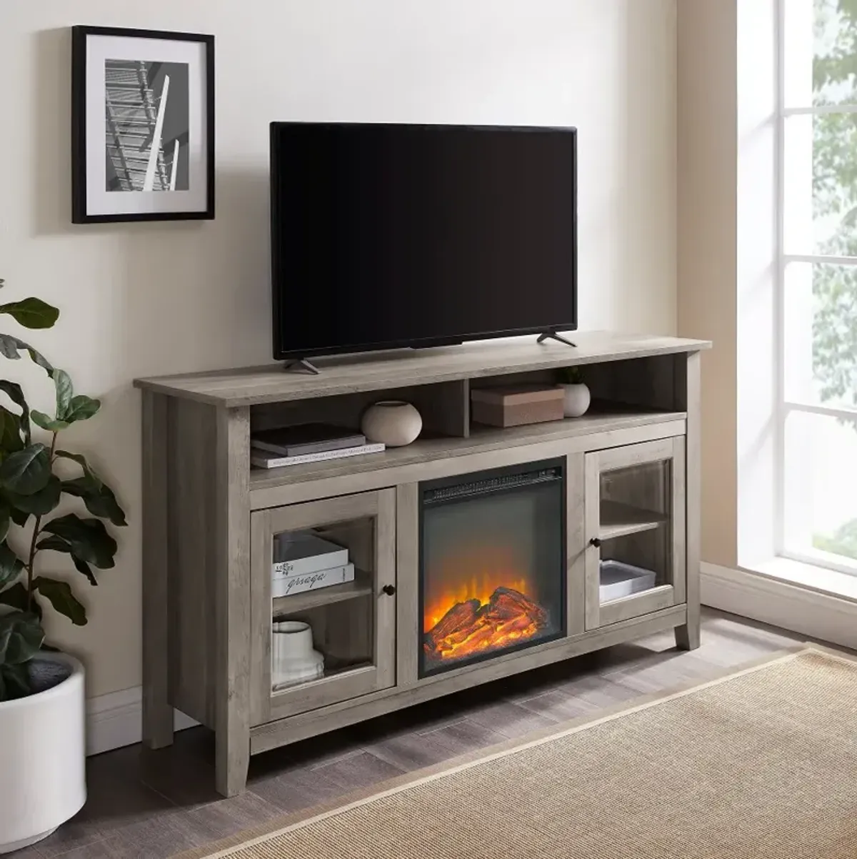 Transitional Fireplace Glass Wood 58 Inch TV Stand - Walker Edison