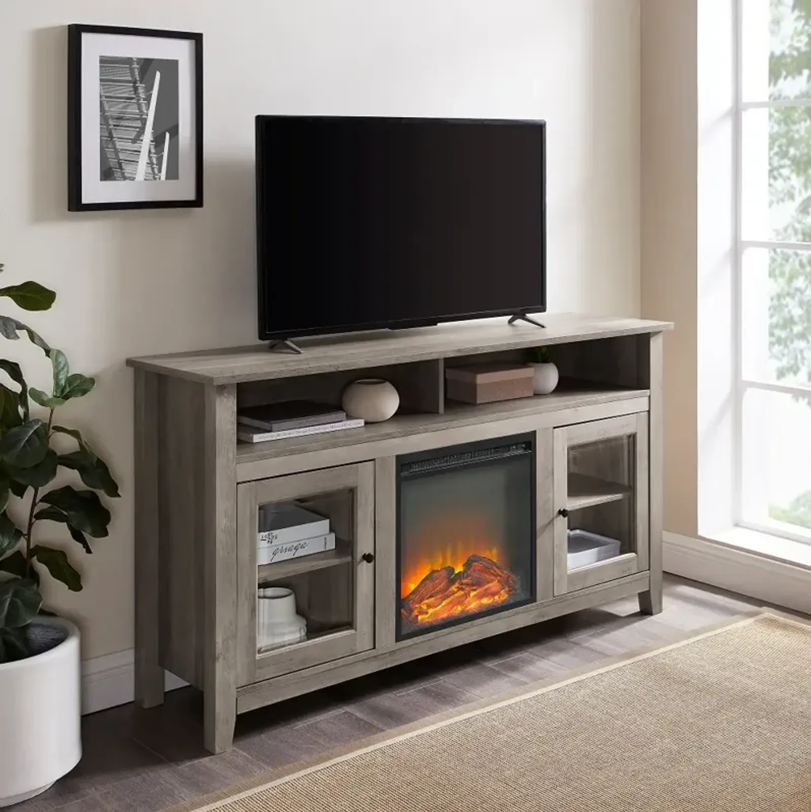 Transitional Fireplace Glass Wood 58 Inch TV Stand - Walker Edison