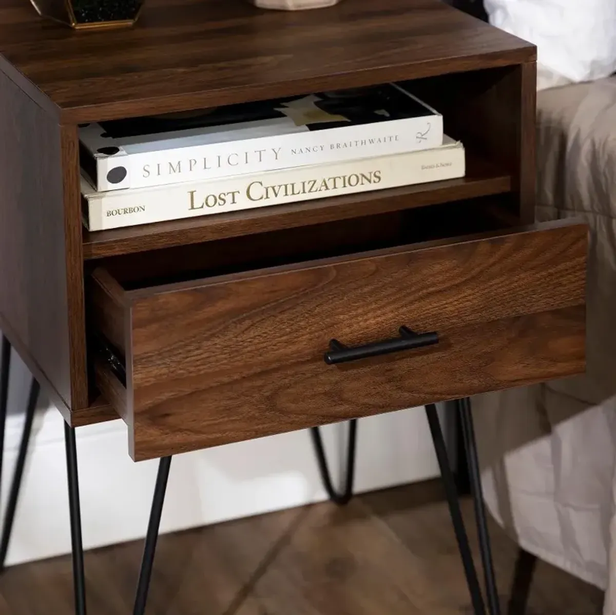 Dark Walnut Hairpin Leg Nightstand - Walker Edison