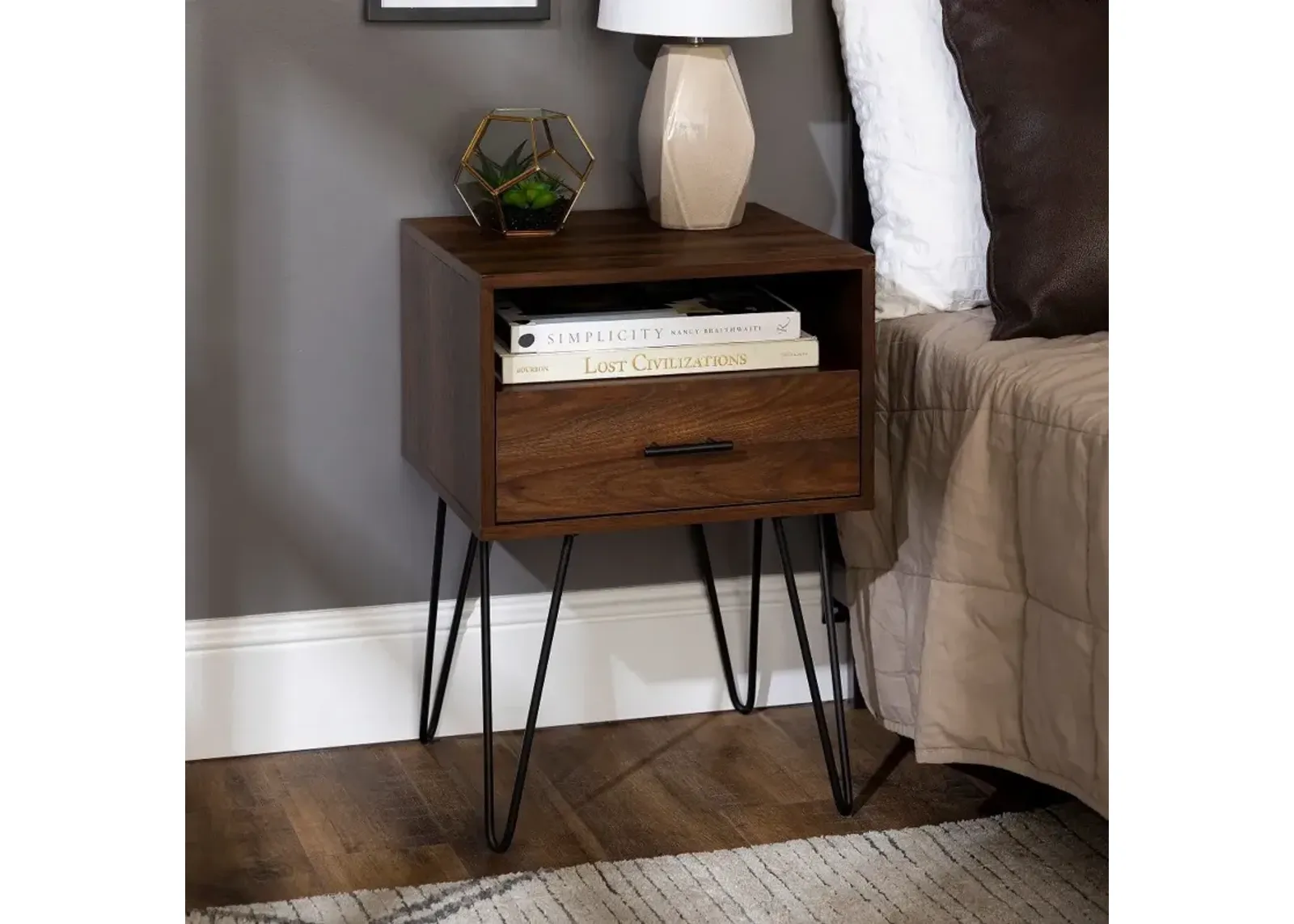 Dark Walnut Hairpin Leg Nightstand - Walker Edison