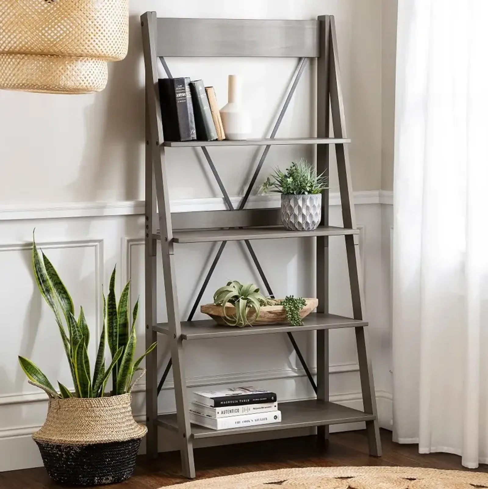 Solid Wood Ladder 68" Bookshelf - Walker Edison