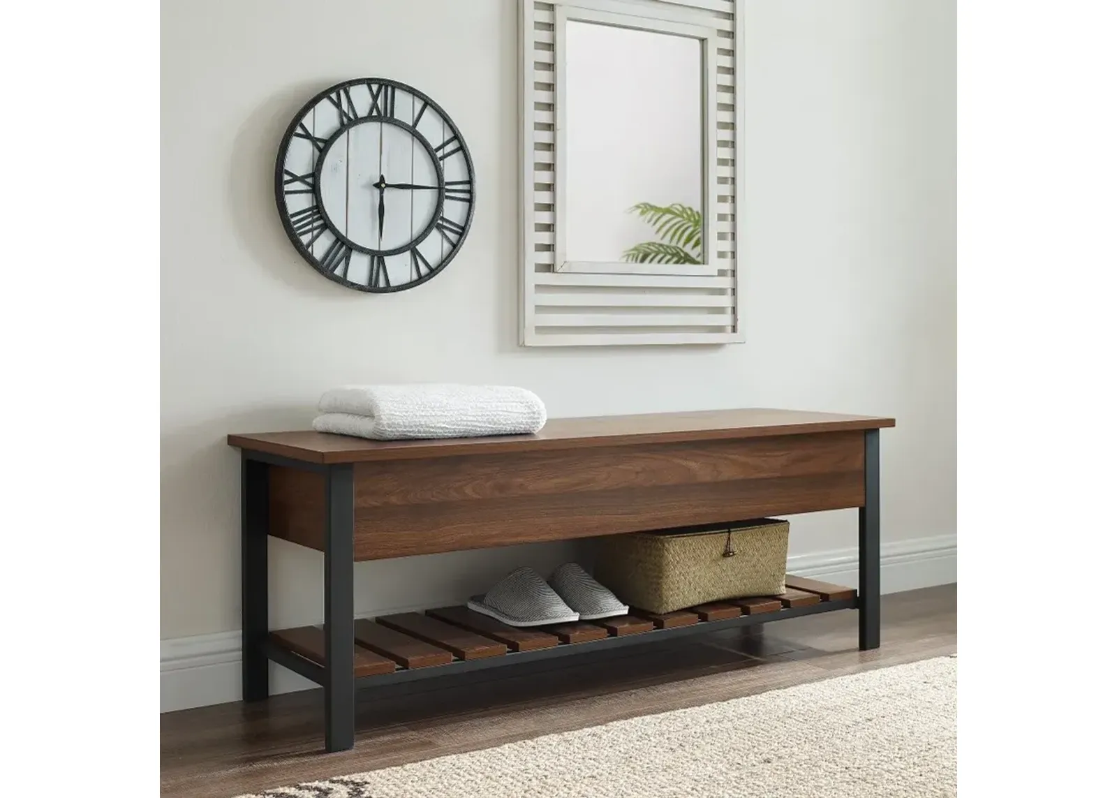 Open-Top Walnut Storage Bench with Shoe Shelf - Walker Edison