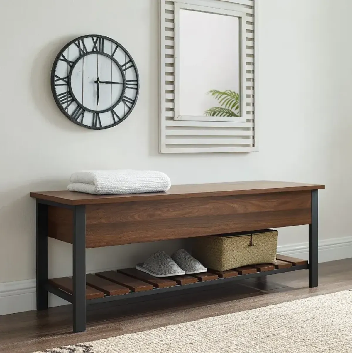 Open-Top Walnut Storage Bench with Shoe Shelf - Walker Edison