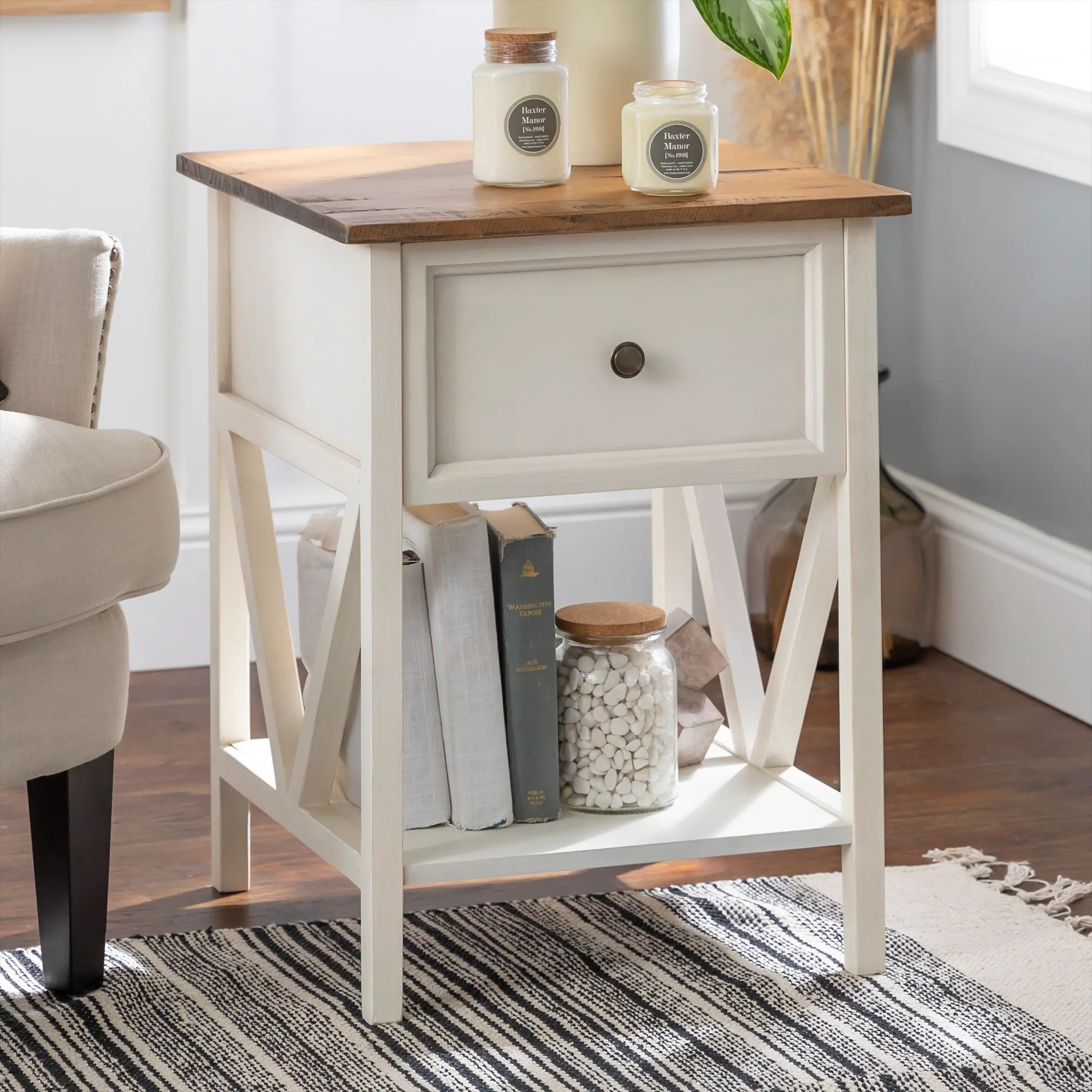 Natalee White Wash and Natural Wood Side Table - Walker Edison