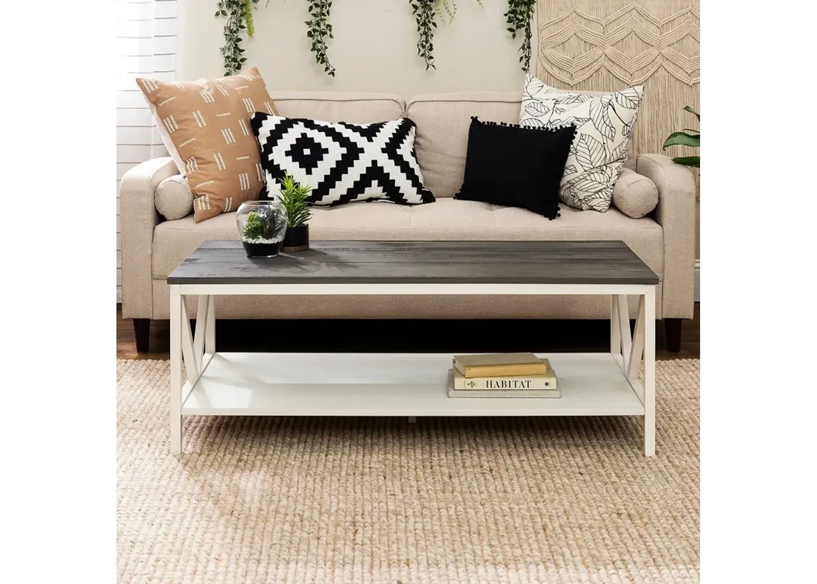 Natalee White Wash and Gray Distressed Farmhouse Coffee Table -...