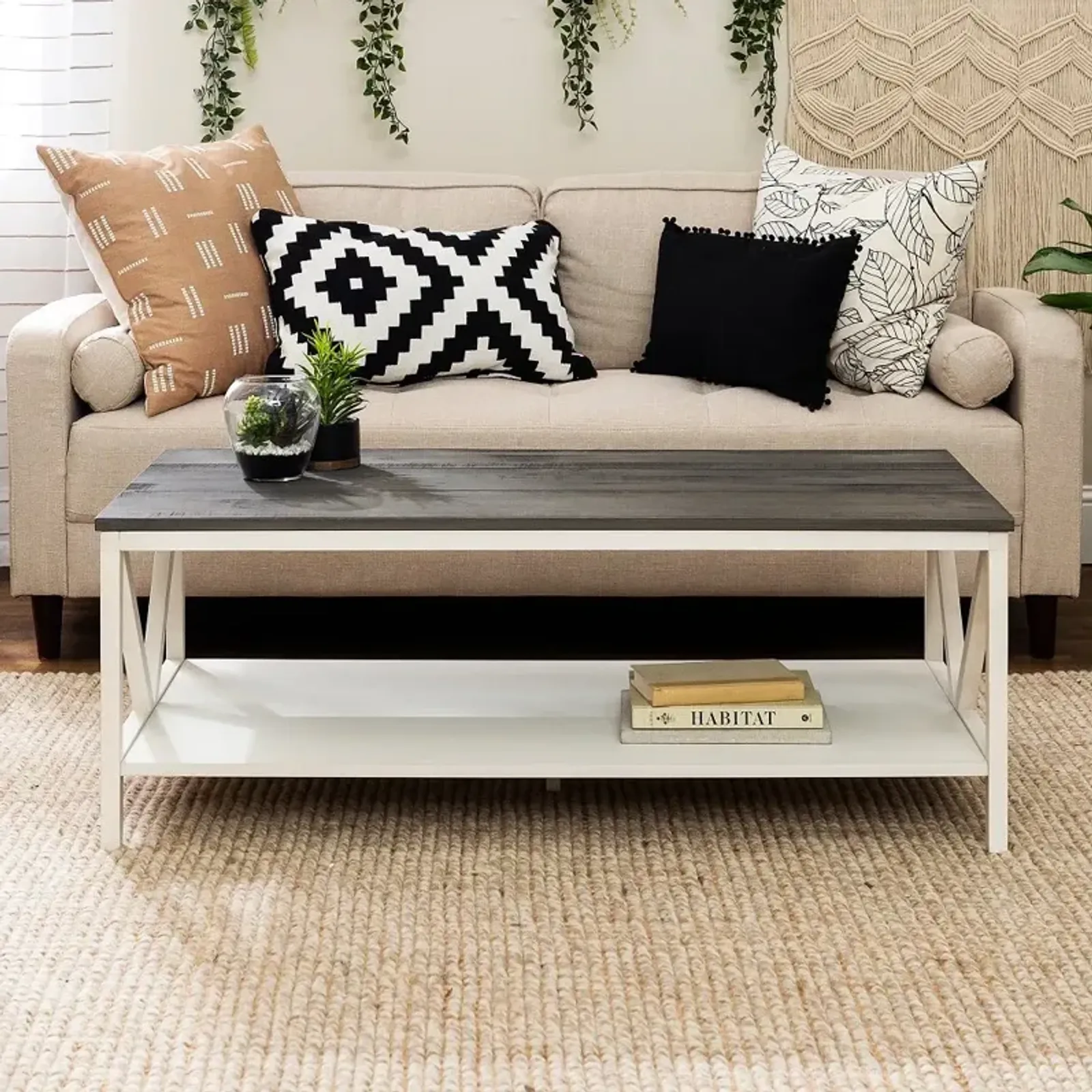 Natalee White Wash and Gray Distressed Farmhouse Coffee Table -...