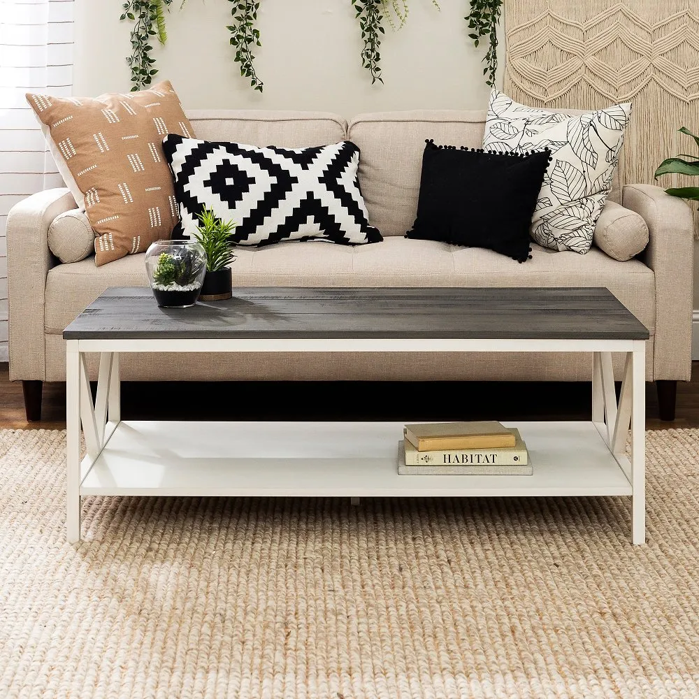 Natalee White Wash and Gray Distressed Farmhouse Coffee Table -...