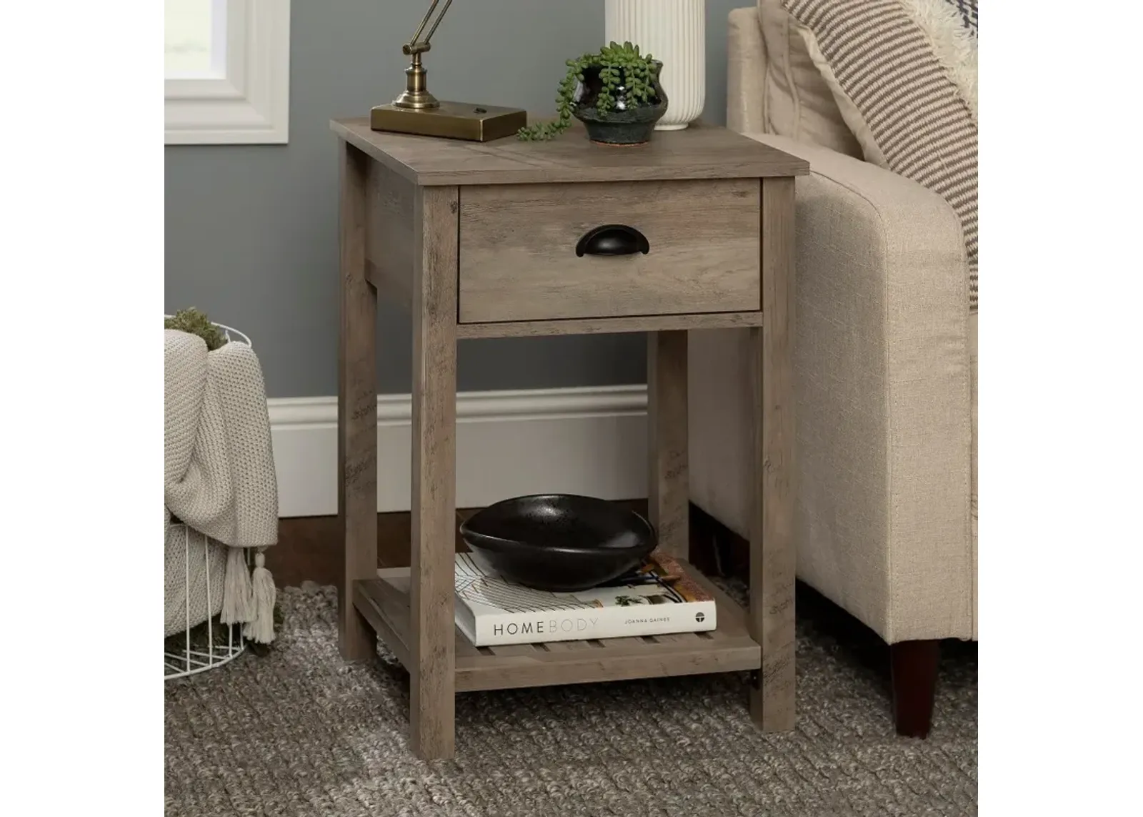 Connor Gray Wash Single Drawer Side Table - Walker Edison