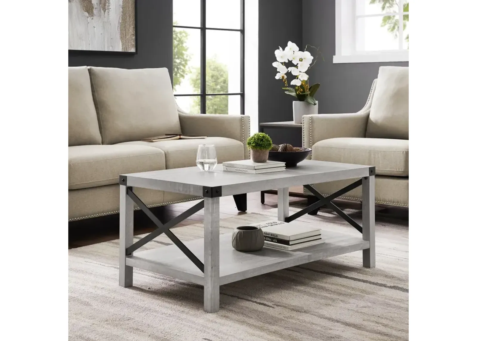 Metal X Stone Gray Farmhouse Coffee Table - Walker Edison