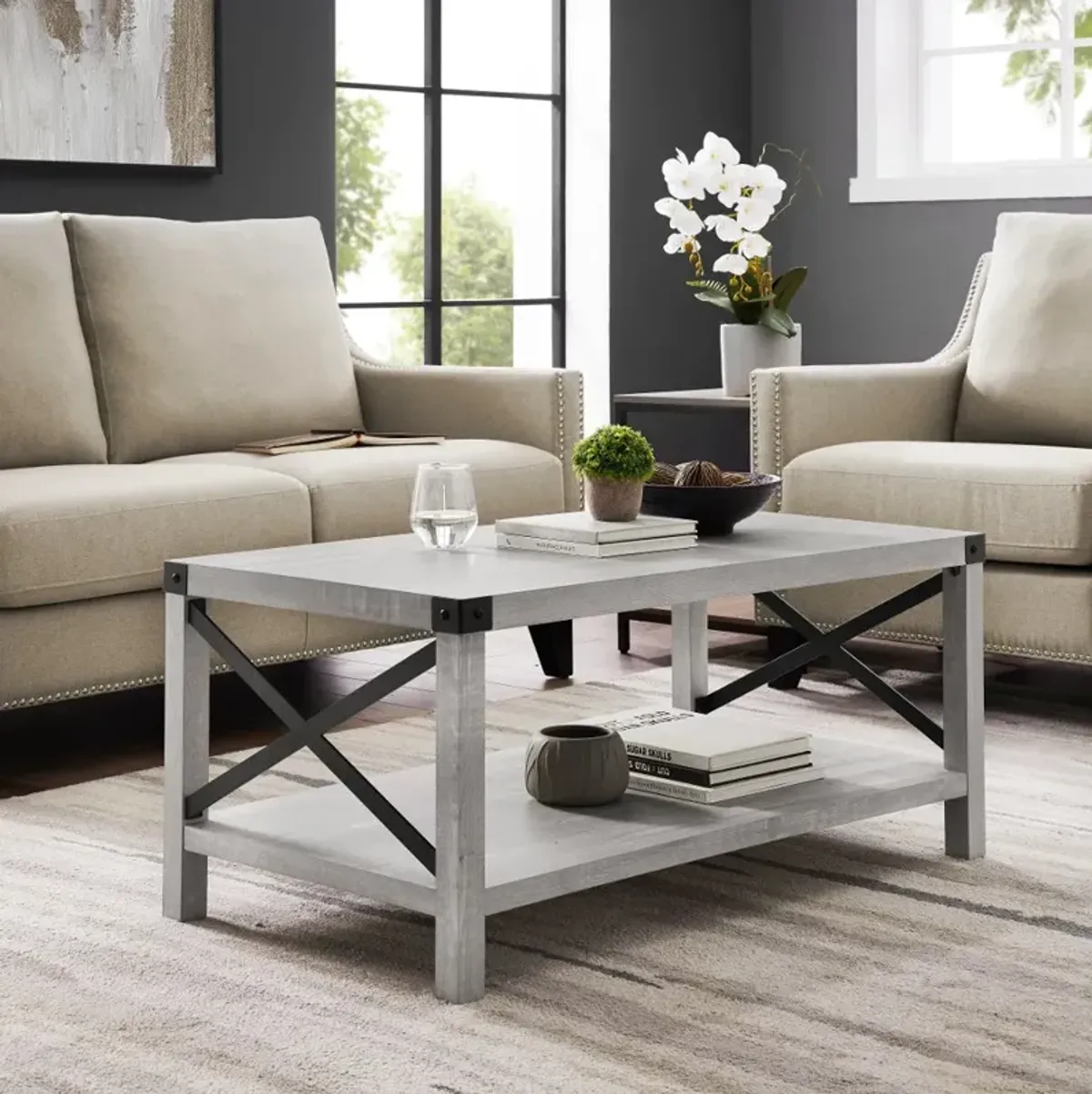 Metal X Stone Gray Farmhouse Coffee Table - Walker Edison