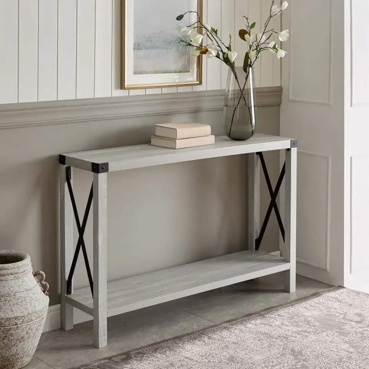 Metal X Stone Gray 46 Inch Rustic Entryway Table - Walker Edison