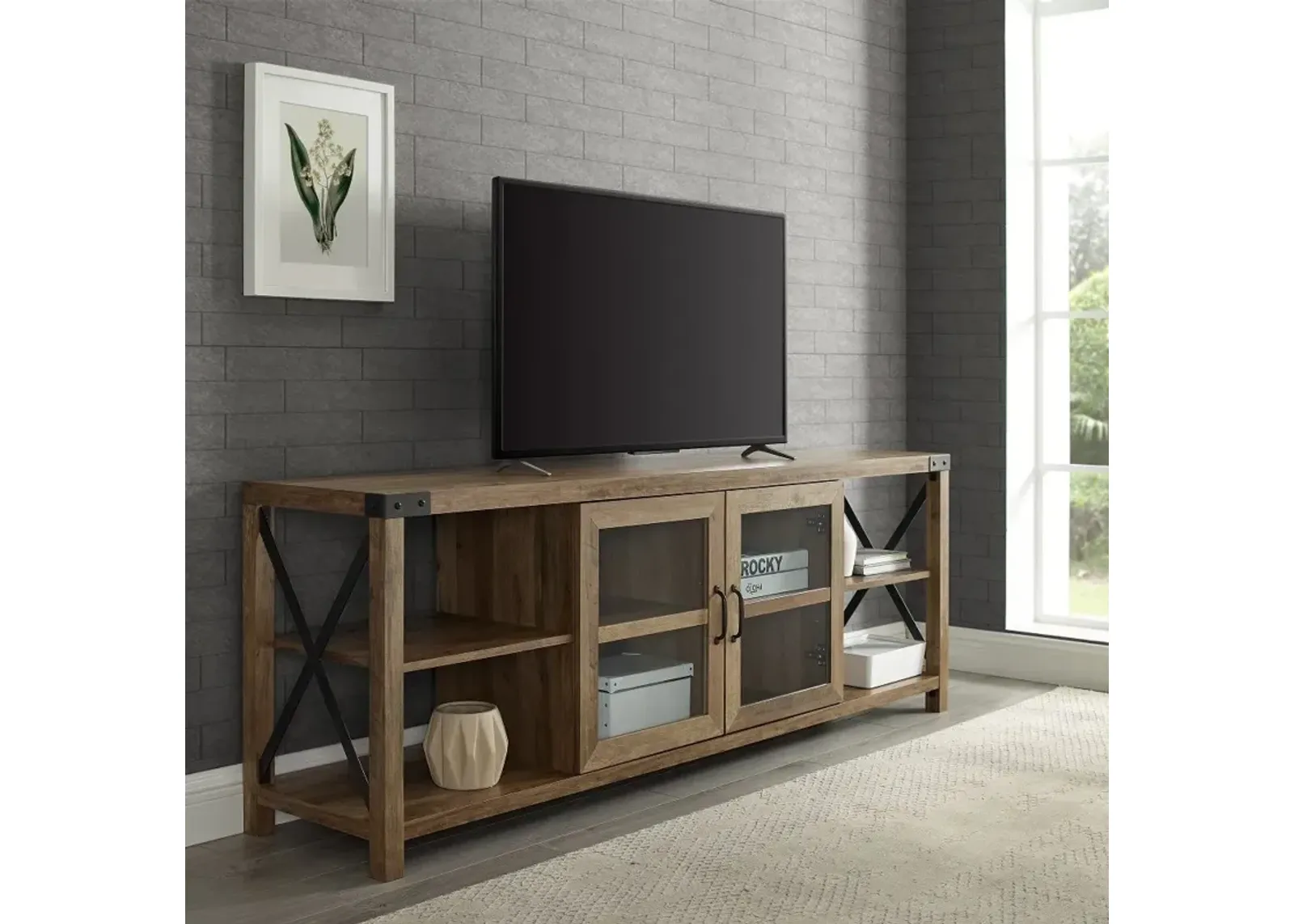 Metal X Reclaimed Barnwood 70 Inch Farmhouse TV Stand - Walker Edison