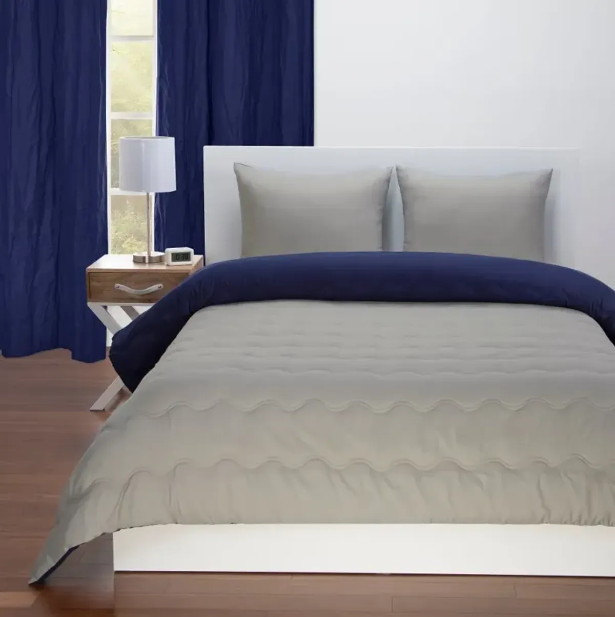 Navy Blue and Gray Full 5 Piece Bedding Collection - Dublin