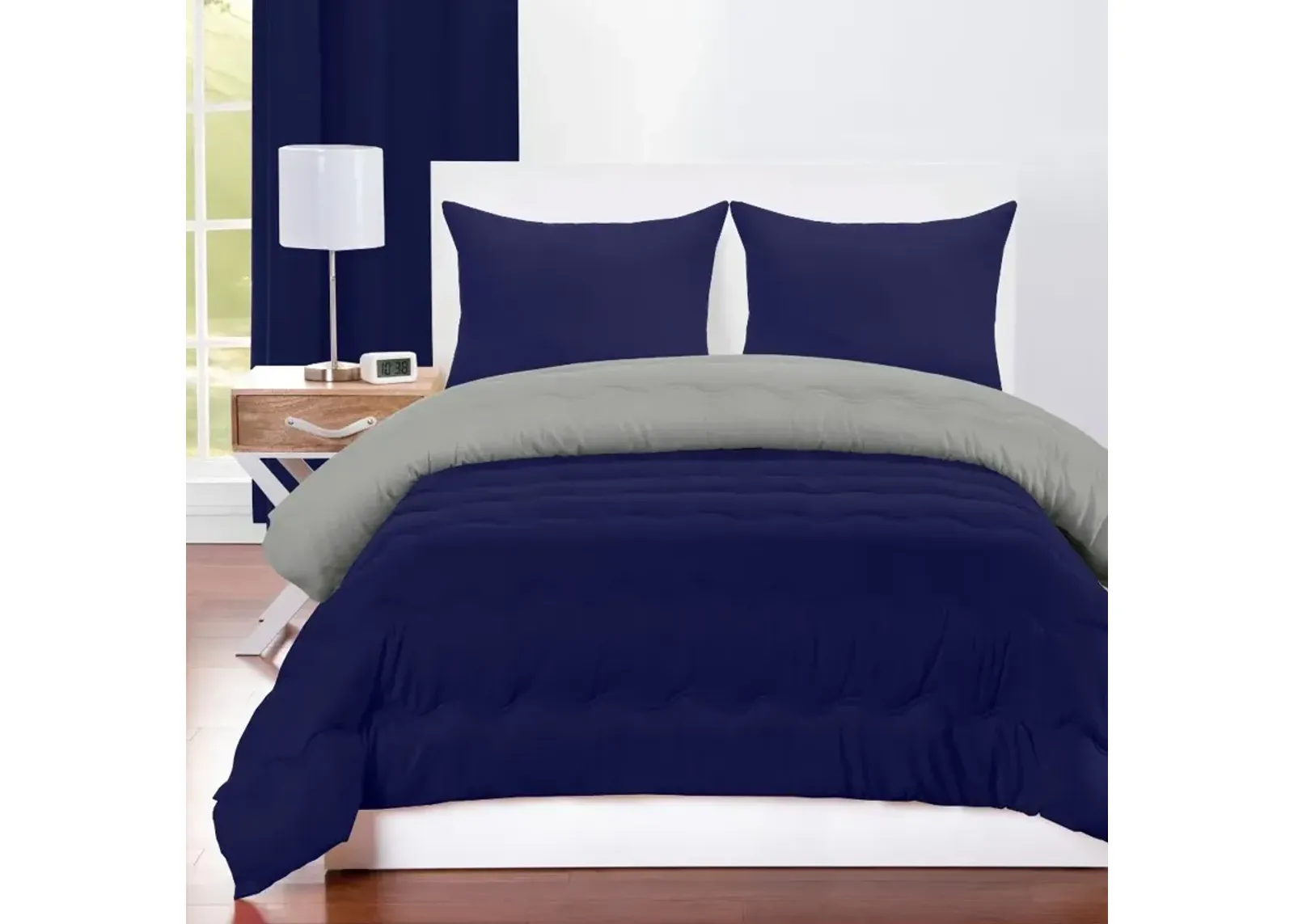 Navy Blue and Gray Full 5 Piece Bedding Collection - Dublin