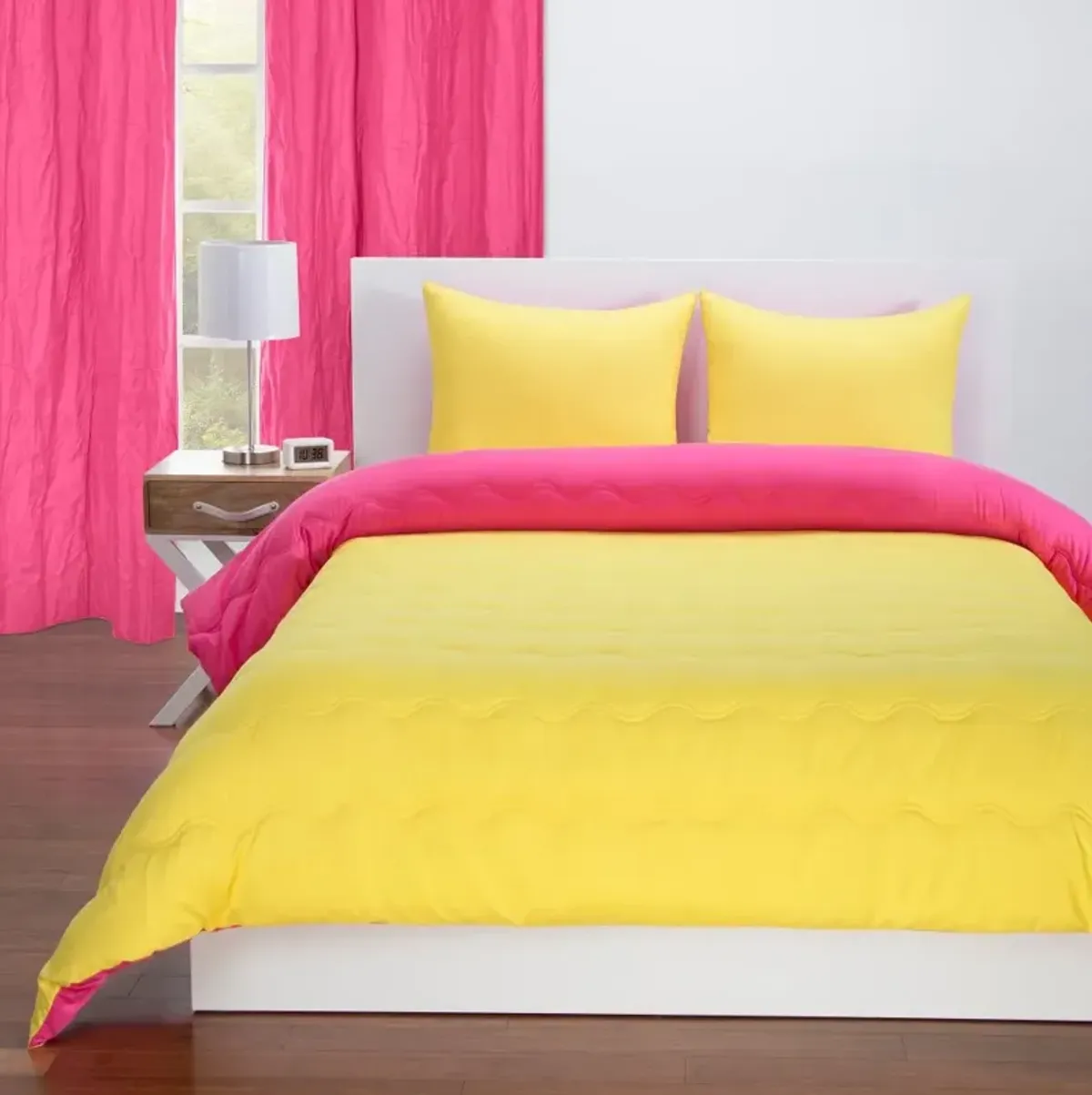 Hot Magenta Pink and Lemon Yellow Full 5 Piece Bedding Collection