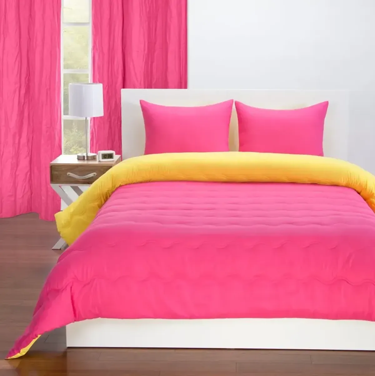 Hot Magenta Pink and Lemon Yellow Full 5 Piece Bedding Collection