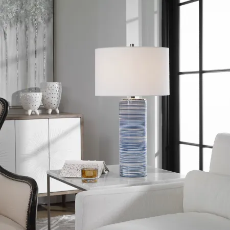 White and Indigo Blue Striped Glaze Ceramic Table Lamp