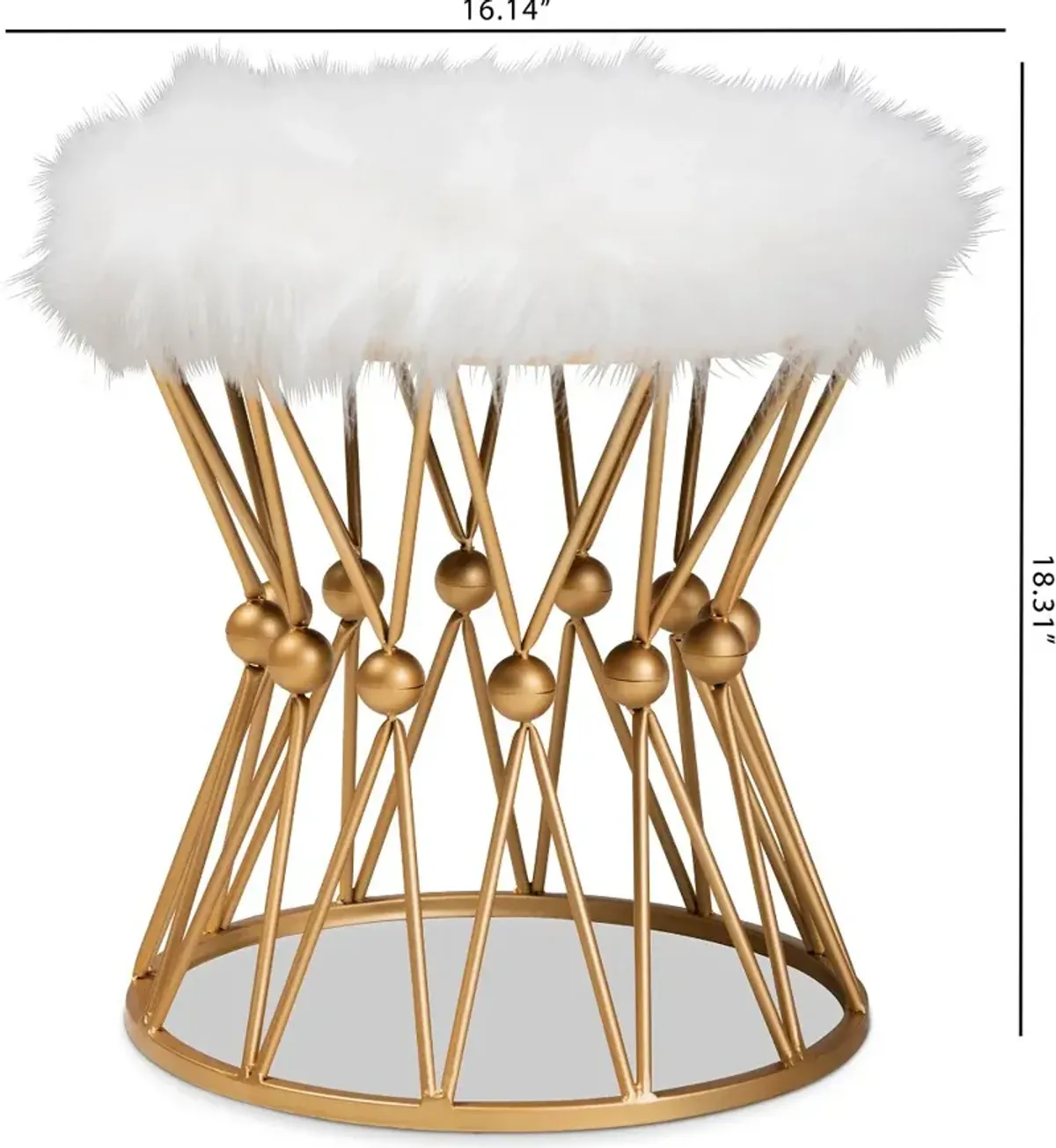 Glam White Faux Fur Upholstered Ottoman with Gold Metal Base