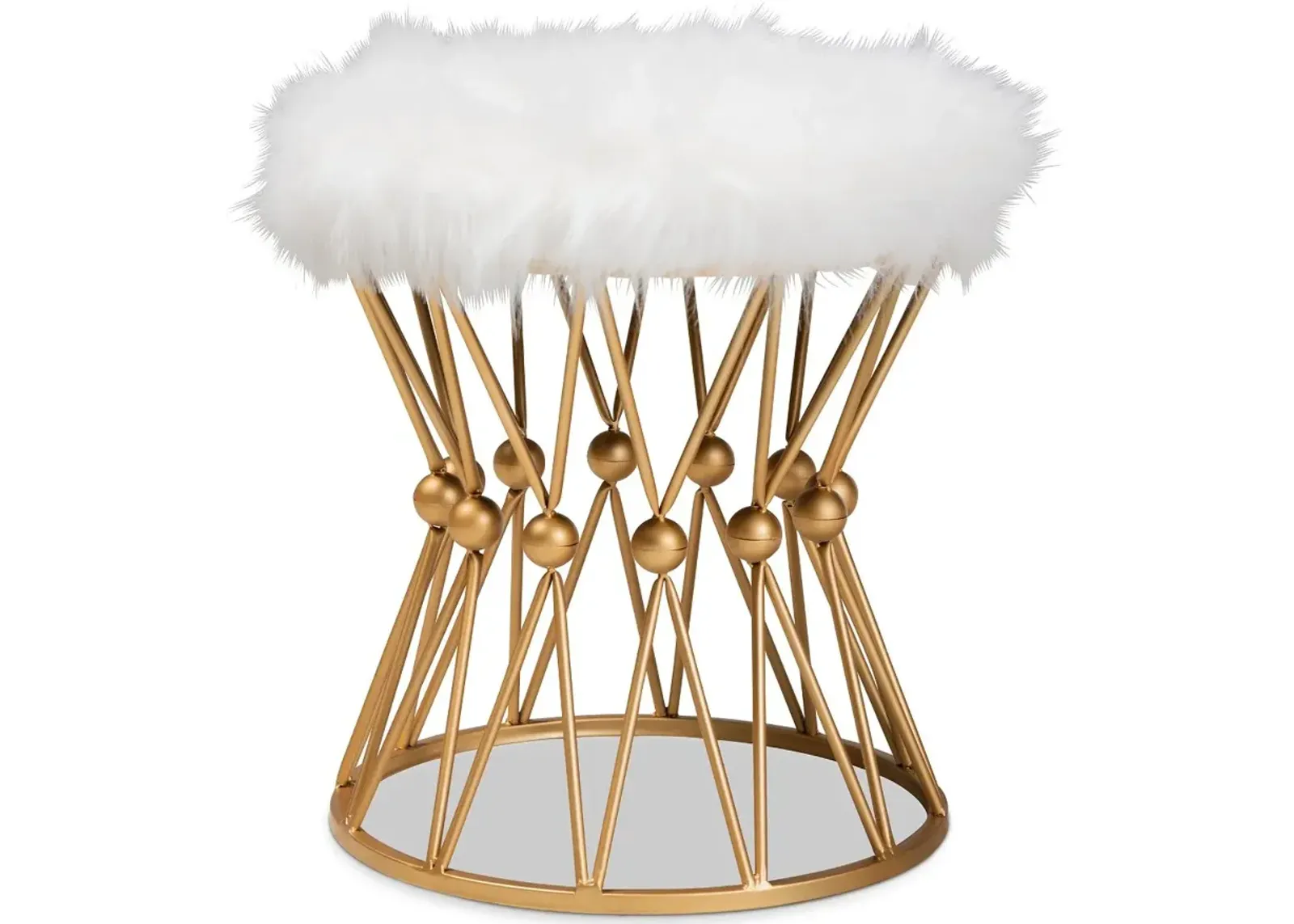 Glam White Faux Fur Upholstered Ottoman with Gold Metal Base