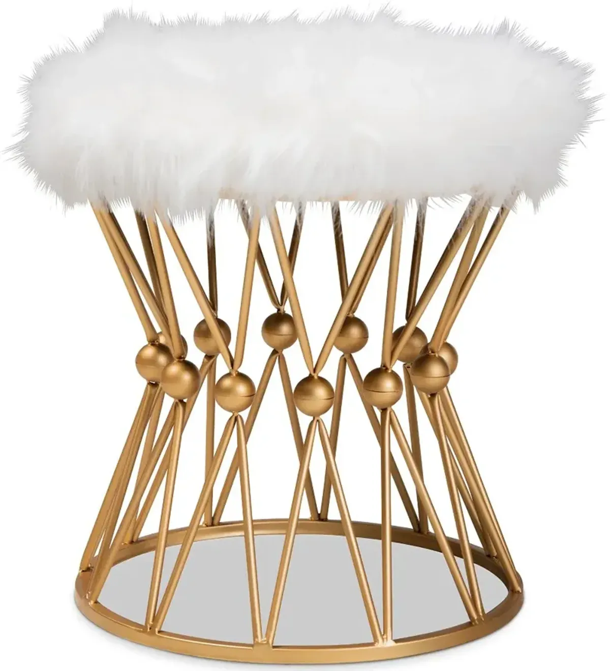 Glam White Faux Fur Upholstered Ottoman with Gold Metal Base