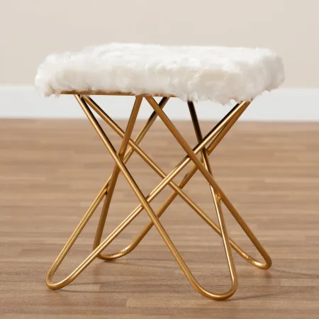 Glam White Faux Fur Upholstered Ottoman with Gold Finish - Jodene