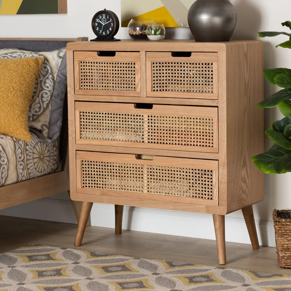 Mid Century Modern Rattan 4-Drawer Accent Chest - Trudi