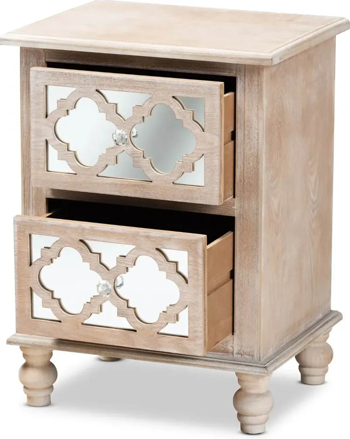 Country Whitewash Wood and Mirror Nightstand - Edith