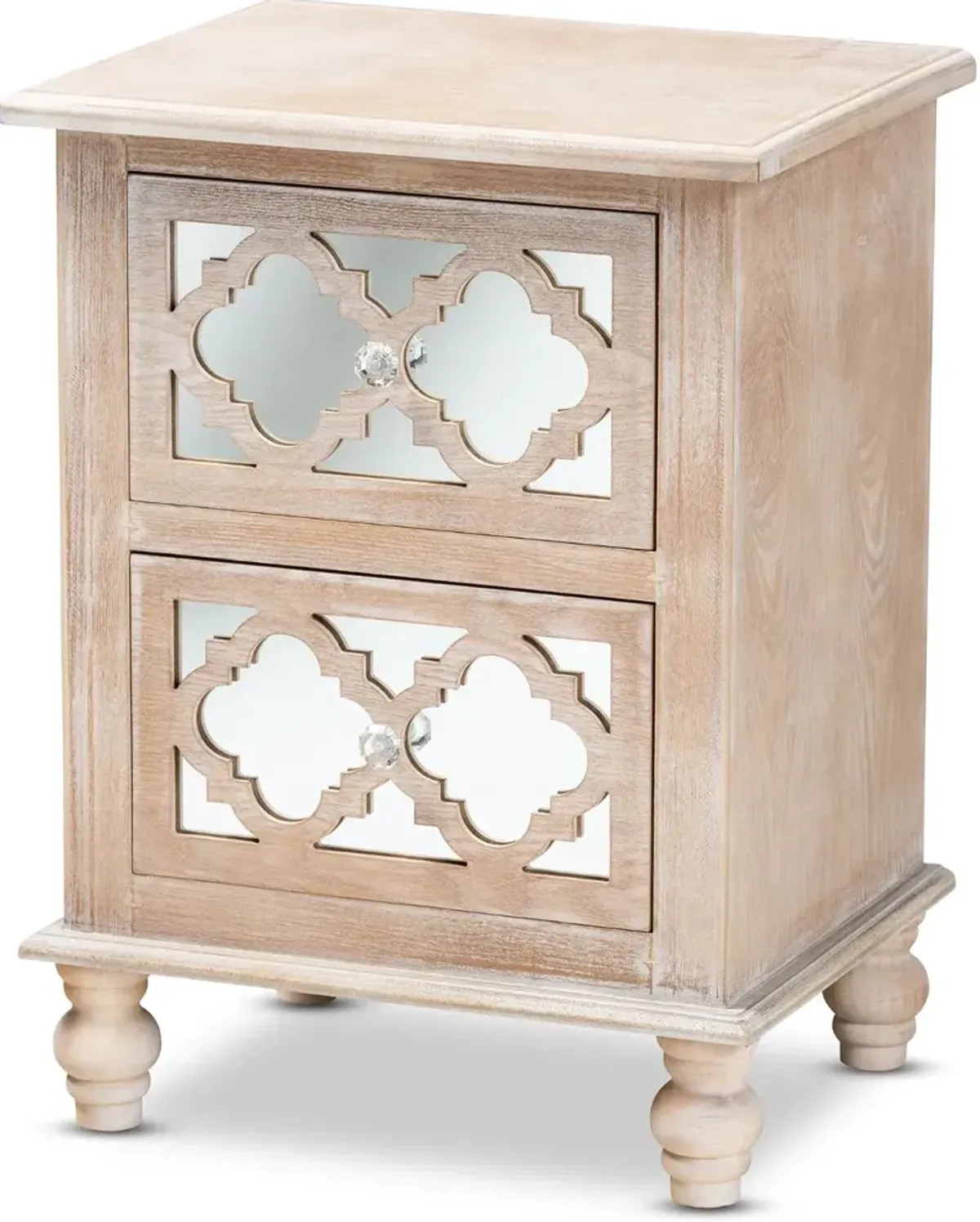 Country Whitewash Wood and Mirror Nightstand - Edith