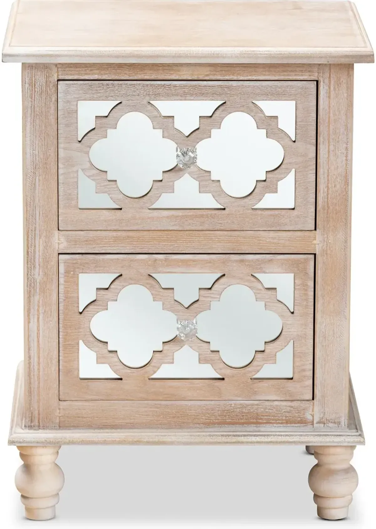 Country Whitewash Wood and Mirror Nightstand - Edith