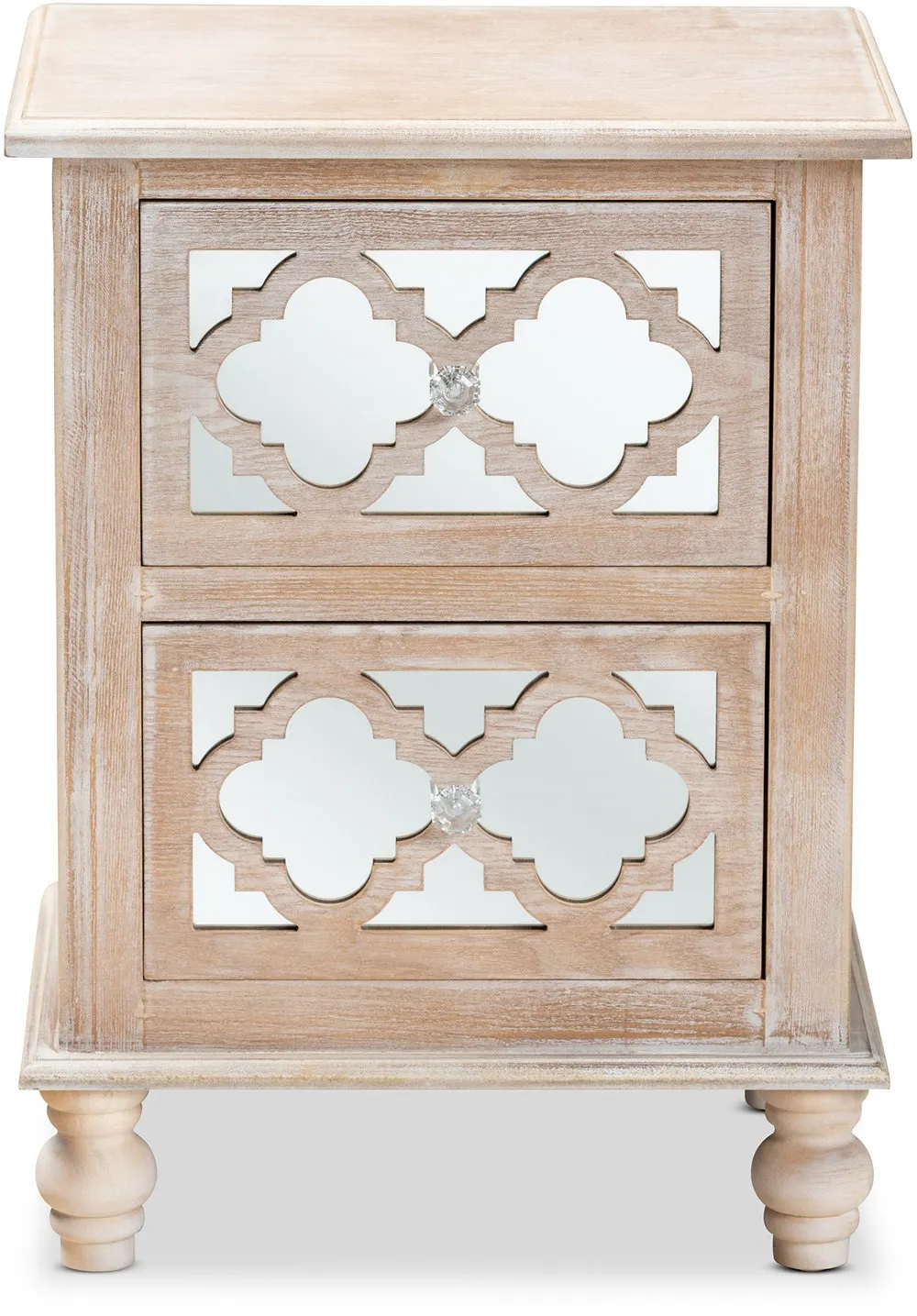 Country Whitewash Wood and Mirror Nightstand - Edith