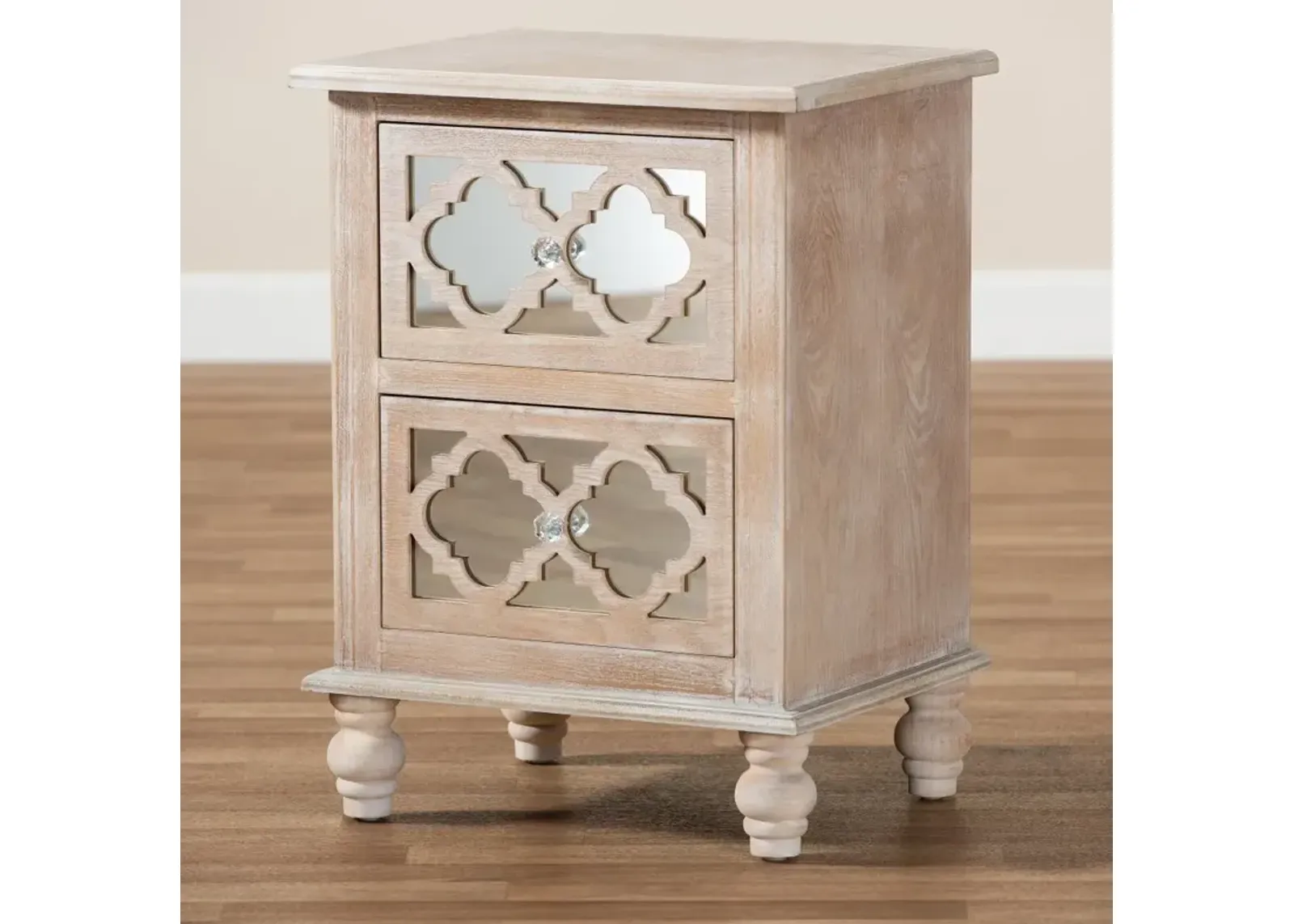 Country Whitewash Wood and Mirror Nightstand - Edith