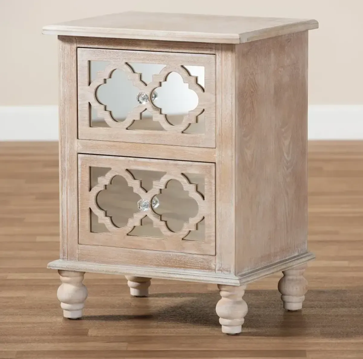 Country Whitewash Wood and Mirror Nightstand - Edith